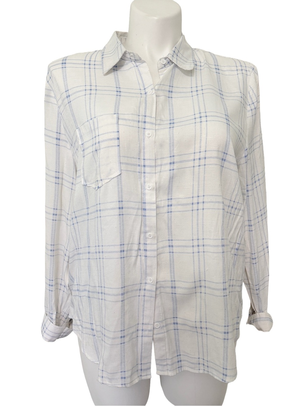 En Creme White & Light Blue Plaid Button-Up Shirt long sleeve Plus Size 2X